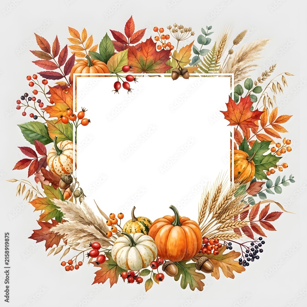 Fototapeta premium Autumn Thanksgiving floral frame with pumpkins and fall leaves watercolor illustration