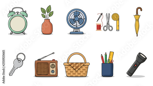 A collection of colorful flat line icons featuring household items and everyday objects on a white background