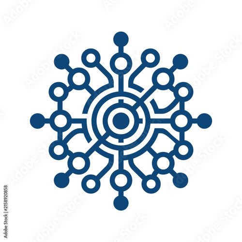 A dark blue digital network icon on a white background