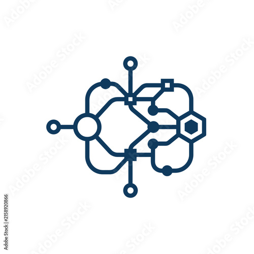 A dark blue digital network icon on a white background