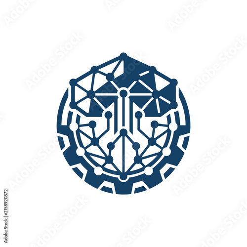 A dark blue digital network icon on a white background