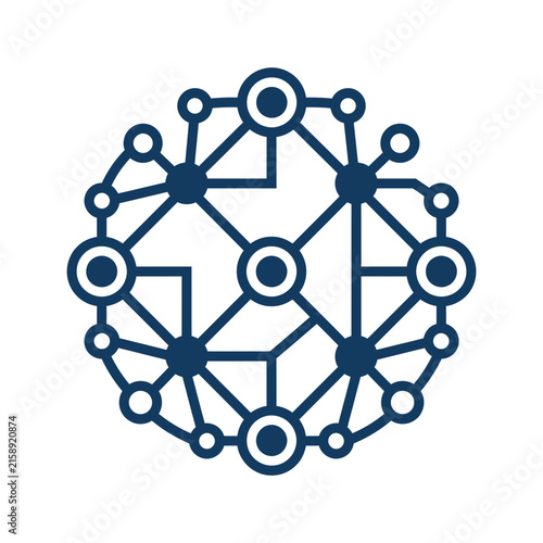 A dark blue digital network node icon on white background