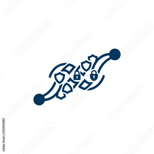 A dark blue digital security icon on a clean white background