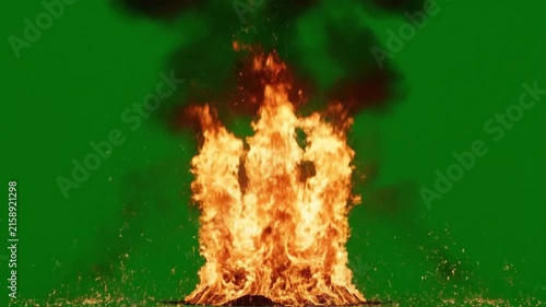 Fire explosion with three plumes rising on green screen background