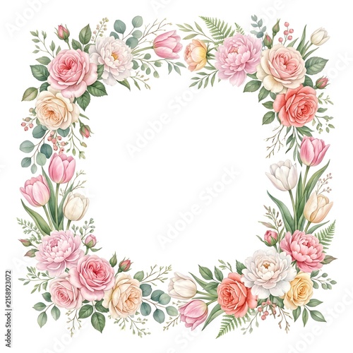 Watercolor floral square frame with pink roses and tulips for wedding invitation design
