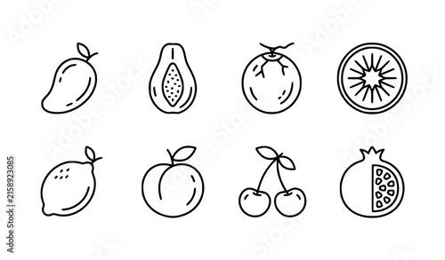 Eight Different Fruit Outline Icons Black White Vector Illustration