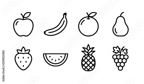 Eight Black and White Fruit Icons Minimal Vector Set