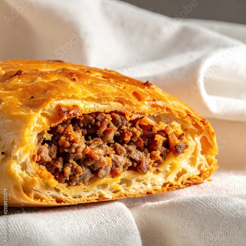 Golden Puff Pastry Meat Filling Slice Resting on White Cloth