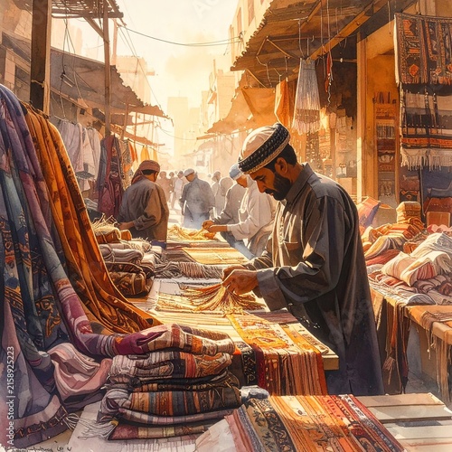 Busy Market Scene with Handloom Carpets and Vendors
