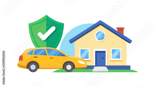 Home and car insurance protection concept with house vehicle and green shield icon