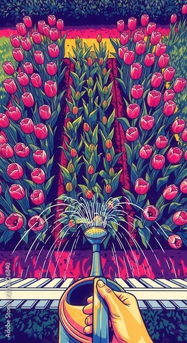 Vibrant Garden Scene With Hand Watering Tulips