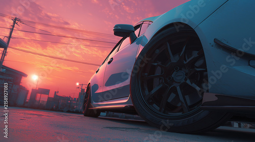 Low angle closeup of a car wheel on a city street at dramatic sunset