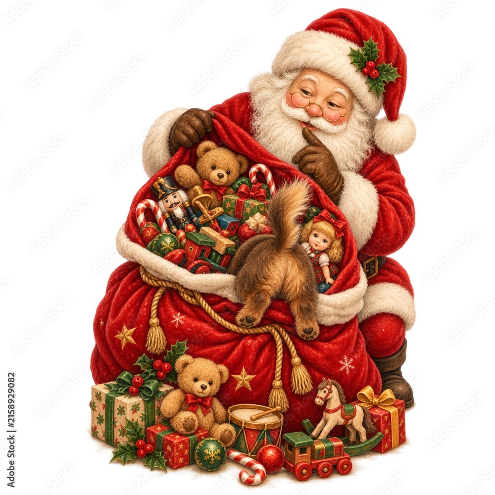 Fototapeta premium Vintage Santa Claus with Curious Puppy Peeking Inside Christmas Toy Sack Watercolor Illustration Isolated on White Background