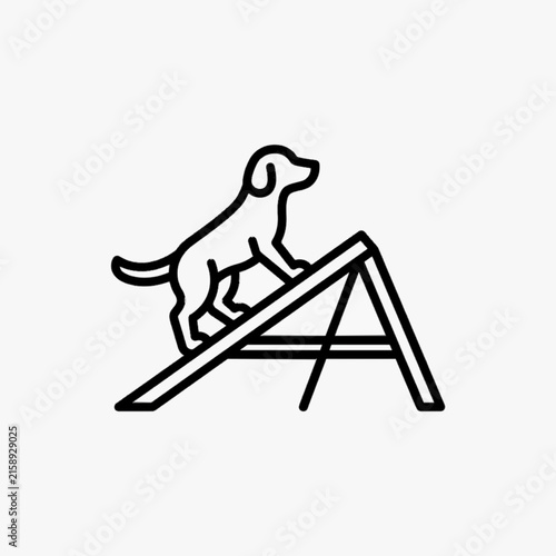 Minimalist line art vector icon of a dog climbing up a wooden A-frame ramp obstacle during a competitive canine agility training session on a clean white background.