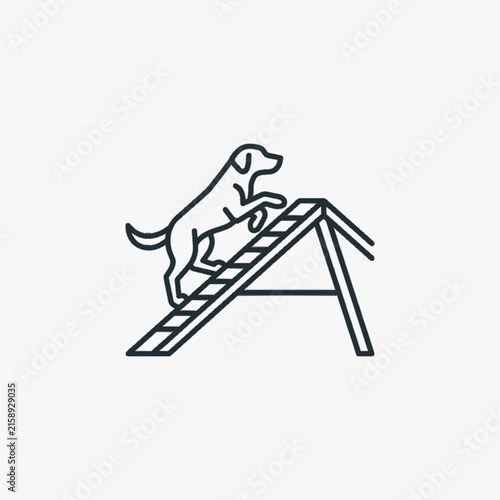 Minimalist line art vector illustration of a dog climbing up an A-frame agility ramp obstacle during a training session or competition on a plain white background.