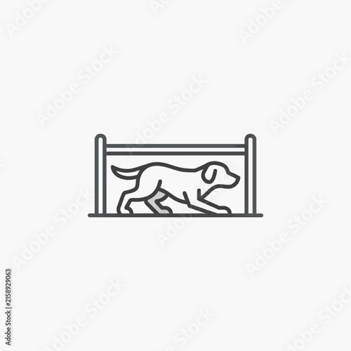 Minimalist line art icon of a dog crawling under a low horizontal obstacle bar, representing agility training, pet exercise, and canine movement vector illustration.