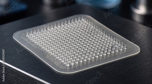 A close-up view of a medical microneedle patch resting on a dark, sleek and reflective surface.