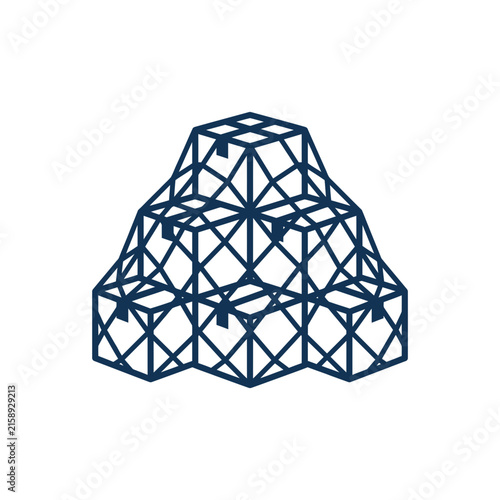 A dark blue geometric pyramid structure on a white background