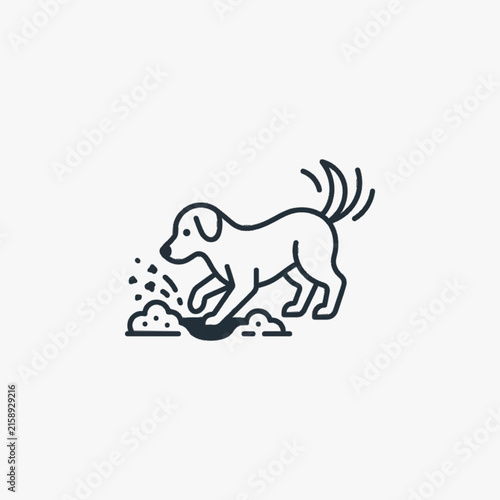 Minimalist line art illustration of a domestic dog digging a hole in the ground with front paws, featuring flying dirt particles and a wagging tail, black vector icon on white.