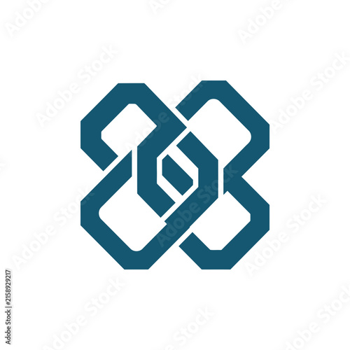 A dark blue geometric shape features an intricate interlocking design
