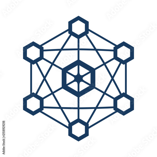 A dark blue geometric shape displays a complex network of lines