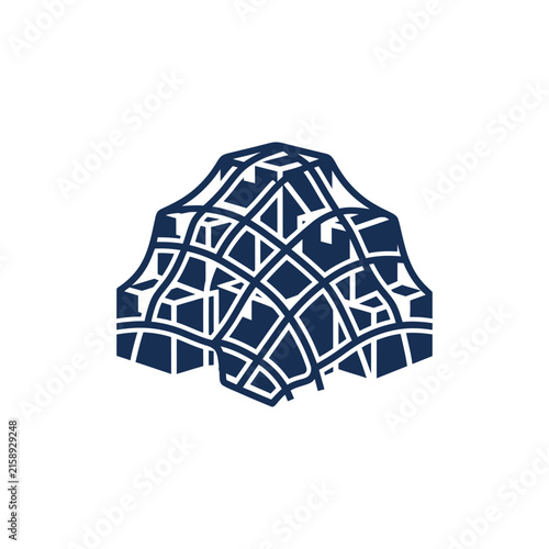 A dark blue geometric shape with a grid pattern on top