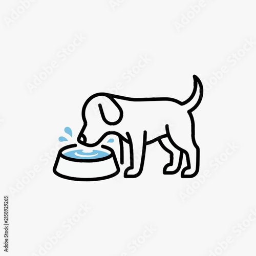 Minimalist vector illustration of a puppy dog standing and drinking fresh water from a round pet bowl featuring blue liquid ripples and splashes, isolated on a white background.