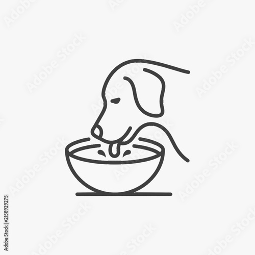 Minimalist black and white vector line icon of a dog drinking water from a bowl on a white background. Silhouette of a pet lapping fresh liquid with visible water splashes.