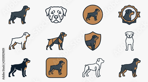 Rottweiler dog vector icon set featuring various illustration styles including flat design, line art, geometric polygon shapes, silhouettes, and shield badges on white background.