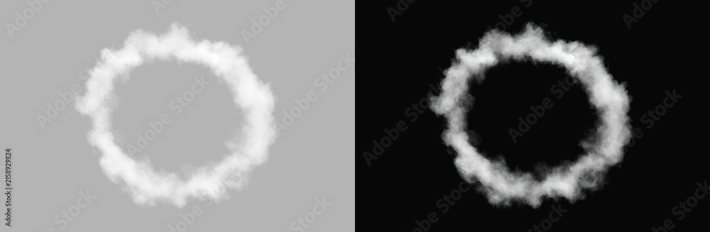Naklejka premium White Smoke Ring Circular Cloud Fog Steam Ring Frame Overlay Isolated on Grey and Black Backgrounds
