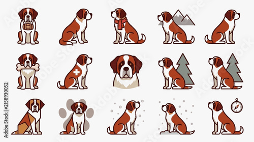 Set of 15 Saint Bernard dog vector icons and illustrations including designs with a rescue barrel, scarf, snowy mountains, pine trees, paw print, compass, and geometric style.