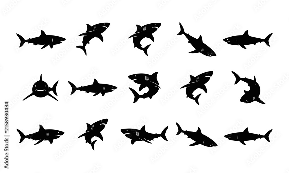 Fototapeta premium Collection of black silhouette shark illustrations in various dynamic poses