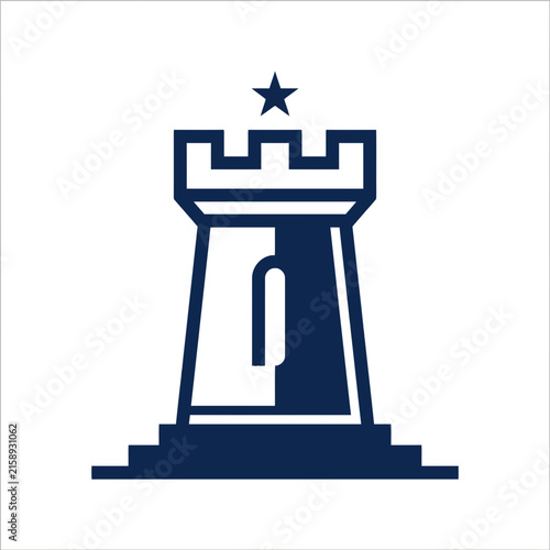 A dark blue graphic icon of a stone castle tower piece