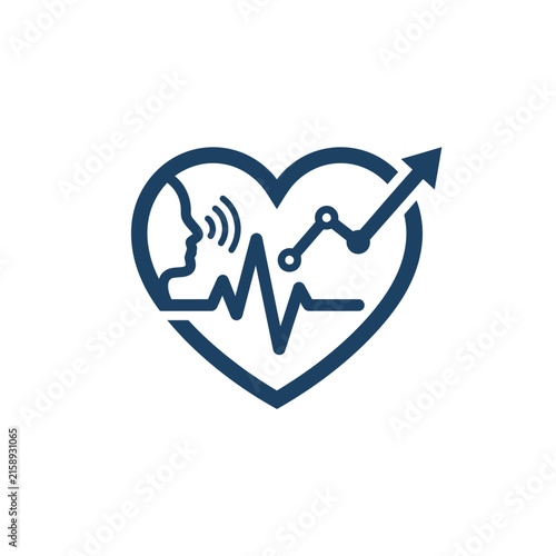 A dark blue heart icon featuring a growth chart and profile