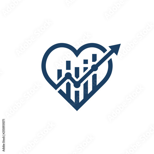 A dark blue heart icon featuring a rising financial bar graph