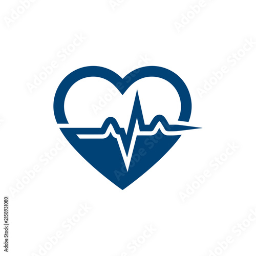 A dark blue heart icon with a medical pulse line inside
