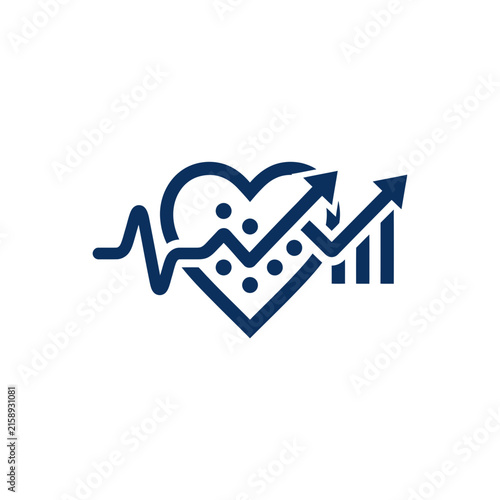 A dark blue heart icon with rising growth trend arrows inside