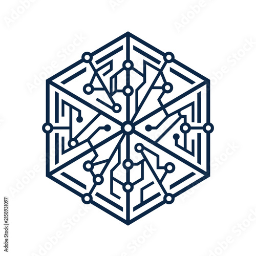 A dark blue hexagonal circuit board pattern on white background