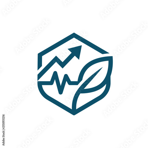 A dark blue hexagonal icon showing growth and nature elements
