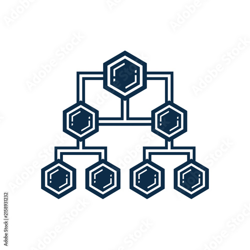 A dark blue hierarchical diagram with connected hexagonal shapes