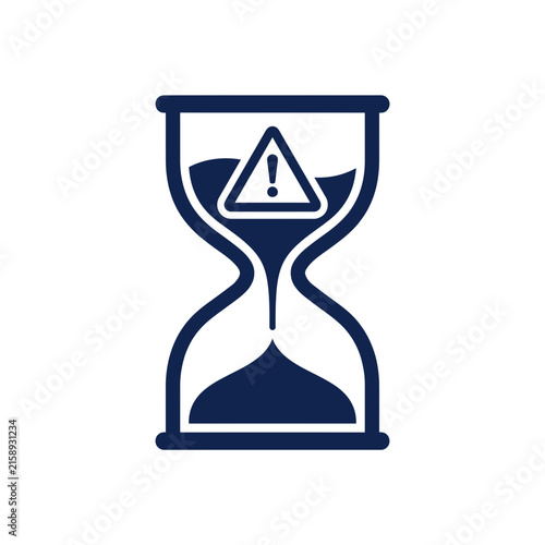 A dark blue hourglass icon featuring a central warning symbol