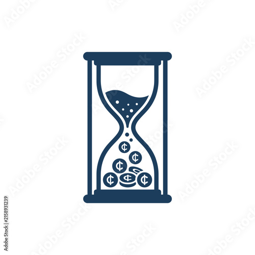 A dark blue hourglass icon filled with falling metal coins