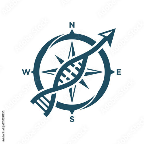 A dark blue icon featuring a compass and DNA strand design