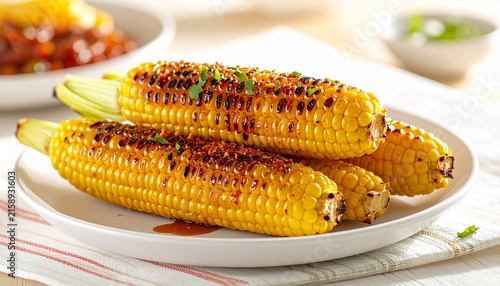Grilled corn on the cob with chili spice and herbs on white plate. Charred roasted corn cobs, tasty barbecue side dish. Bright food photo.
