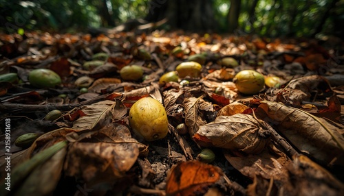 Low angle ultra wide lens shot capturing a dark moist tropical forest floor littered with fallen yellow ripened fruits and brown dry leaves scattered naturally across the soil ground during autumn sea