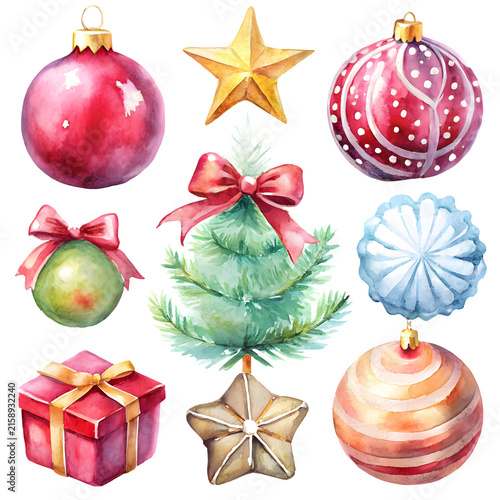 Soft brush watercolor Christmas decoration ornament sets isolated on a clear background PNG 