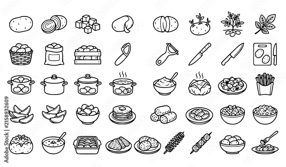 Fototapeta premium Potato Food and Kitchen Line Icons Set – Fresh Produce, Cooking and Potato Dishes