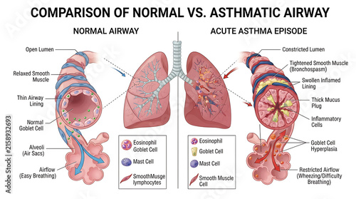 Photography Medical illustration comparing a healthy human airway with an inflamed airway du