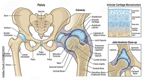 Canvastavla Detailed Anatomical Illustration of the Human Pelvis and Hip Joint Structure wit