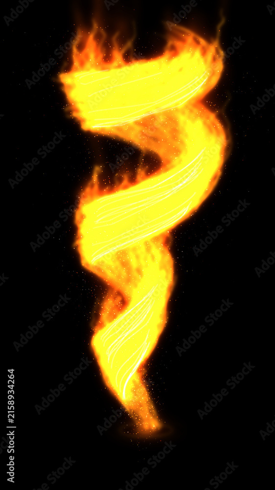 Fototapeta premium Bright yellow and orange fire flame shaped like a twisting tornado vortex burning intensely on a solid black background